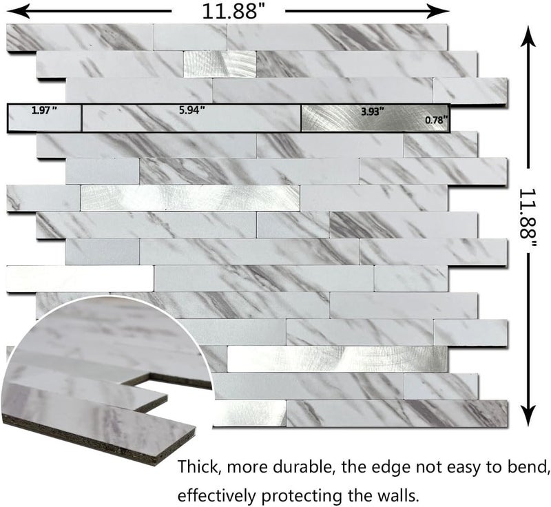 weimeisc 10 Sheets Peel and Stick Backsplash Tile for Kitchen, Self-Adhesive Mosaic Tile, Stick on Bathroom Vanities，Fireplace Décor, Laundry Table (White Marble+Frosted Silver) - Image 2